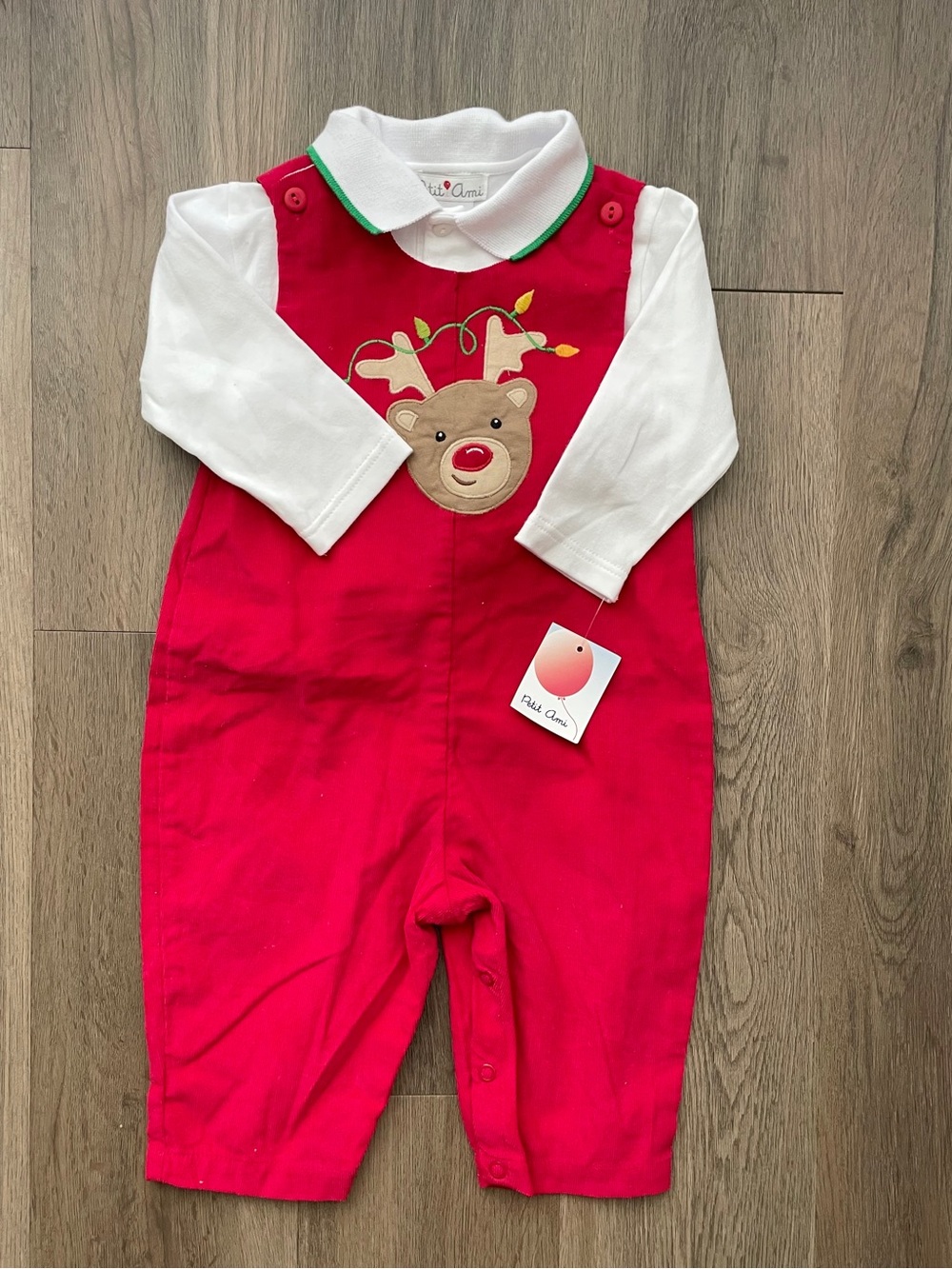 Petit Ami red corduroy baby christmas onesie longall *flaw